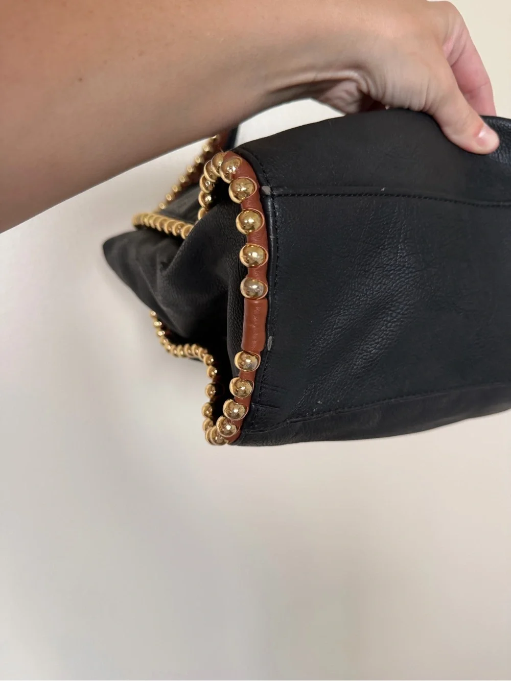 BIG BUDDHA Black Large Hobo Shoulder Bag with Cognac Brown Gold Bead Trim